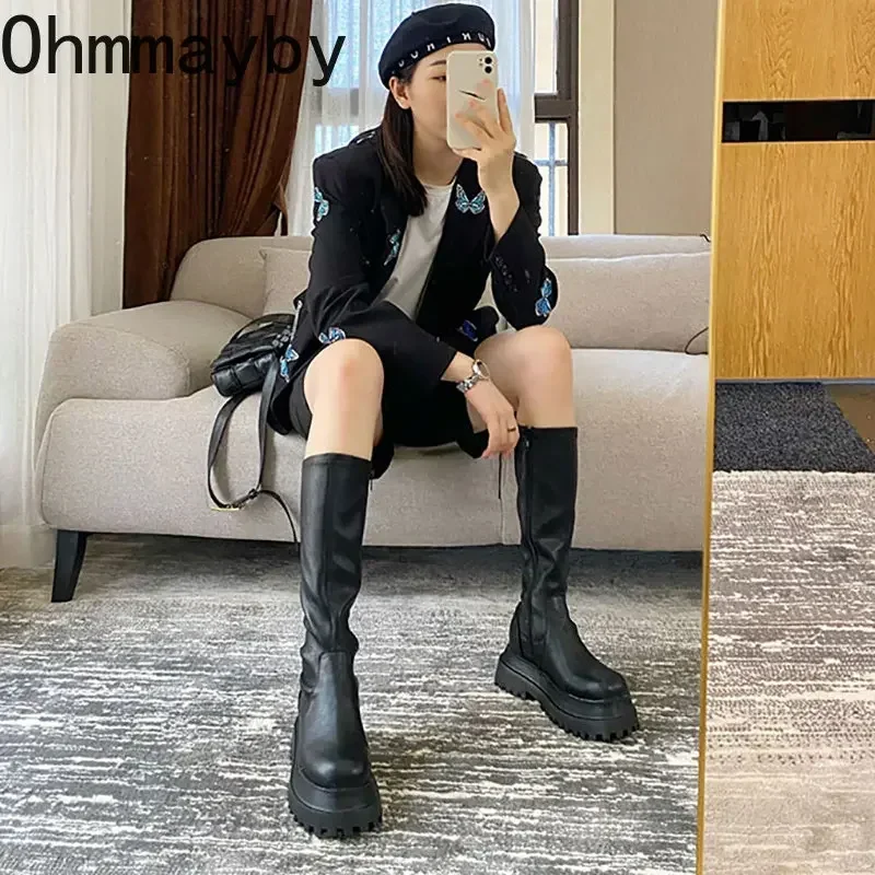 2024 Winter Chunky Platform Heels Long Boots Round Toe Zipper Thick Sole Ladies Fashion Winter Women\'s Knee High Boots