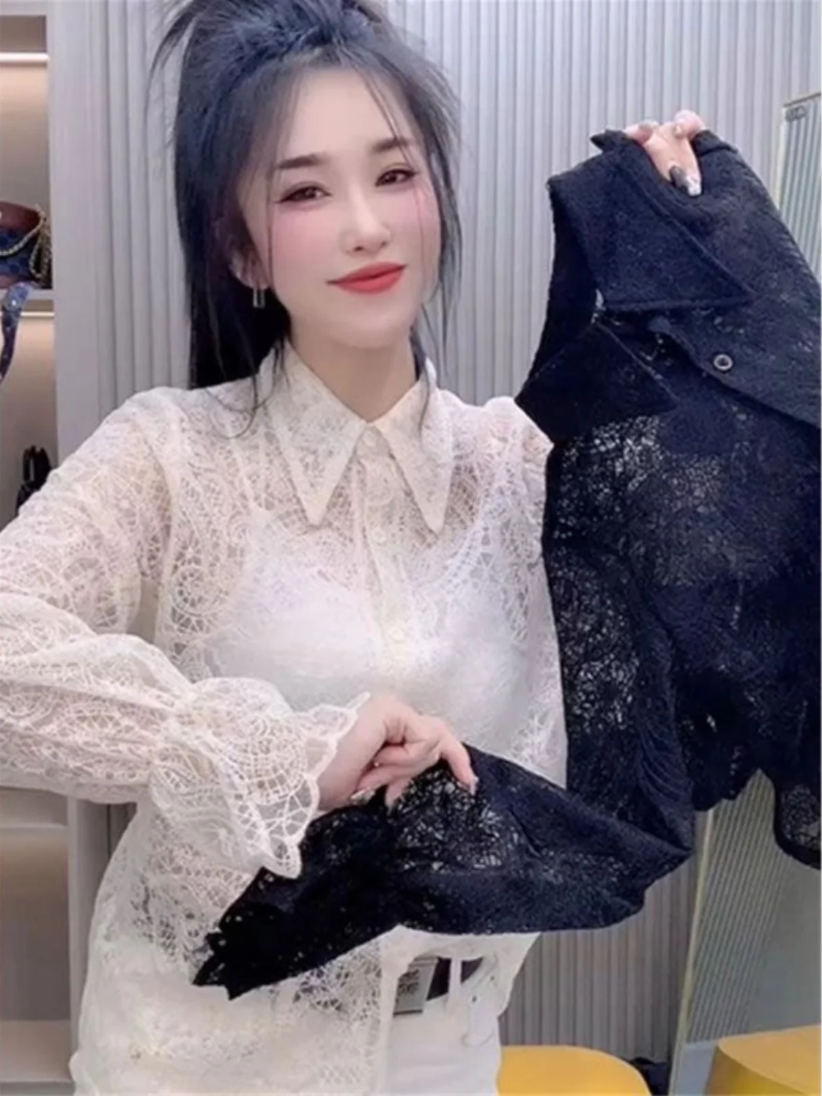 

Женская блузка с длинным рукавом и кружевом, весна-осень, новая модель, с вырезами и цветочным узором, воротник-стойка, приталенная, модная