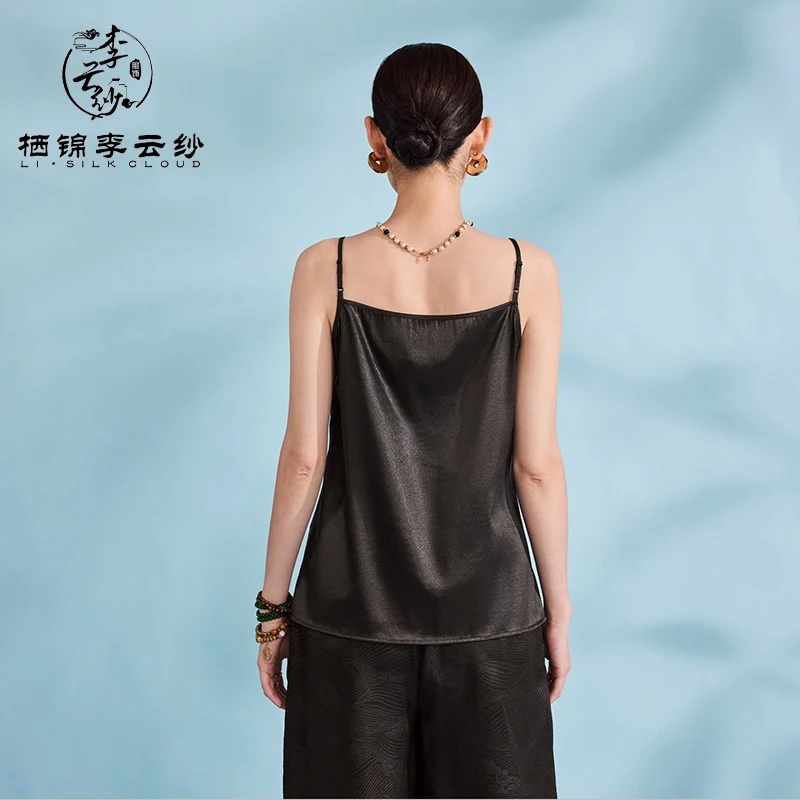 LI SILK CLOUD เสื้อสายเดี่ยว Xiangyunsha สีดําคลาสสิก - ผ้าไหมธรรมชาติ 100% ดีไซน์แขนกุดหรูหรา