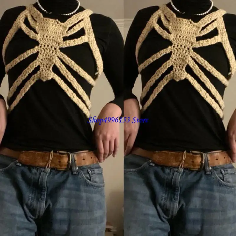 

Q0KE Women Summer Gothic Punk Crochet Knitted Camisole Novelty Hollow Out Skeleton Crop Top Body Chest Harness Bustier