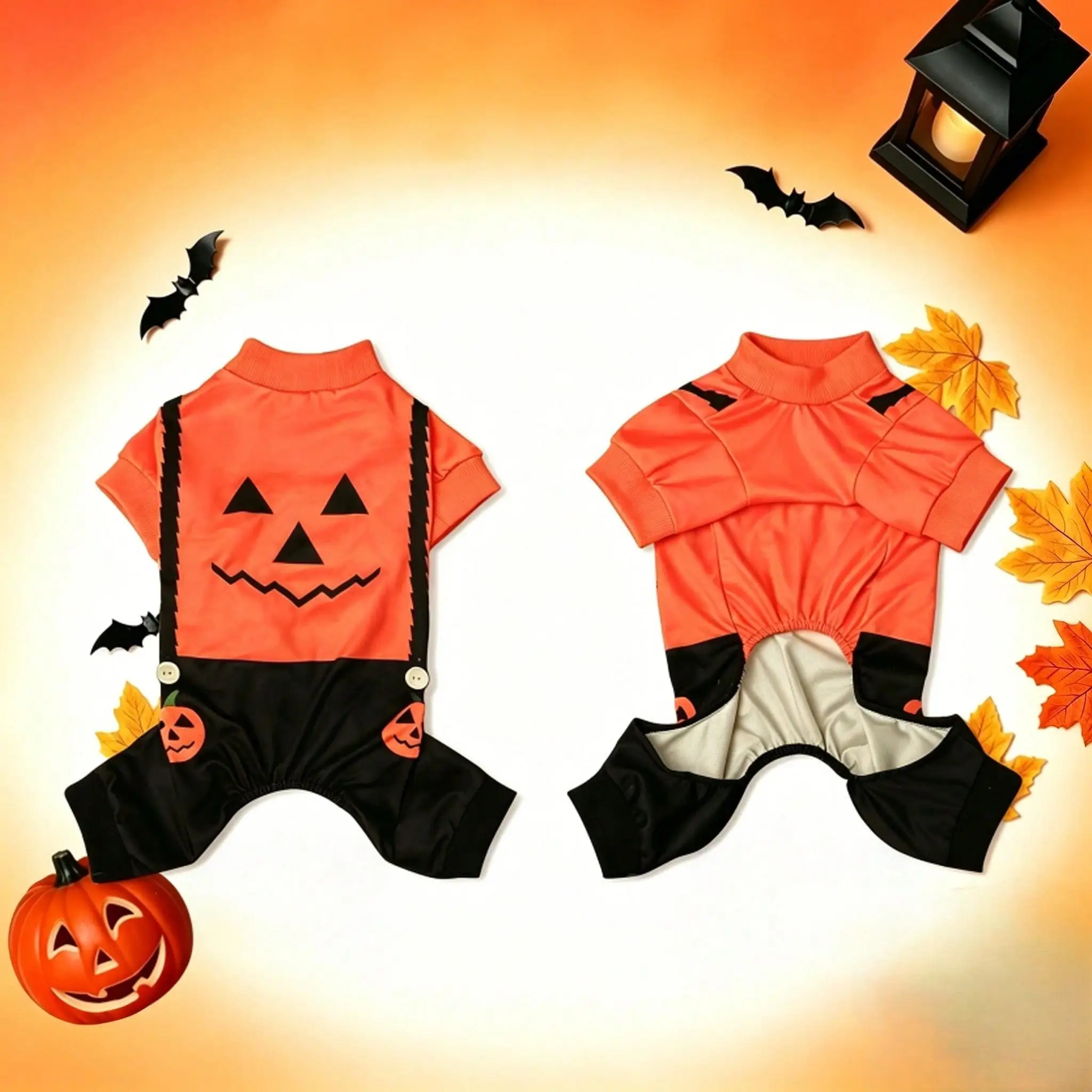 Halloween-Hundepyjama mit Kürbis-Jack-O-Lantern-Gesicht, Haustier-Onesie, 4-beiniger Welpen-Jumpsuit, Festtagskleidung für kleine und mittelgroße Hunde und Katzen – Detail 6