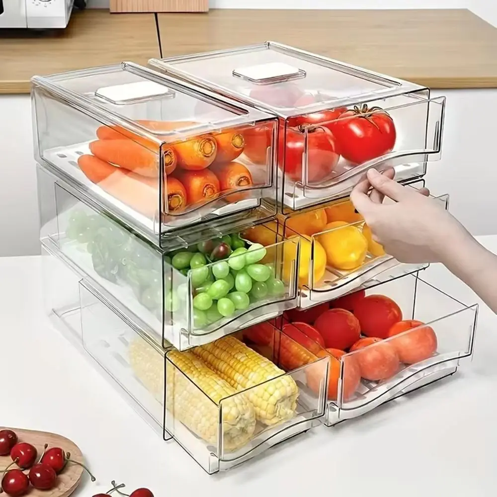 Plastic Drawer-type Fresh-keeping Box Large Capacity Transparent Food Frozen Storage Box with Drain Tray Stackable