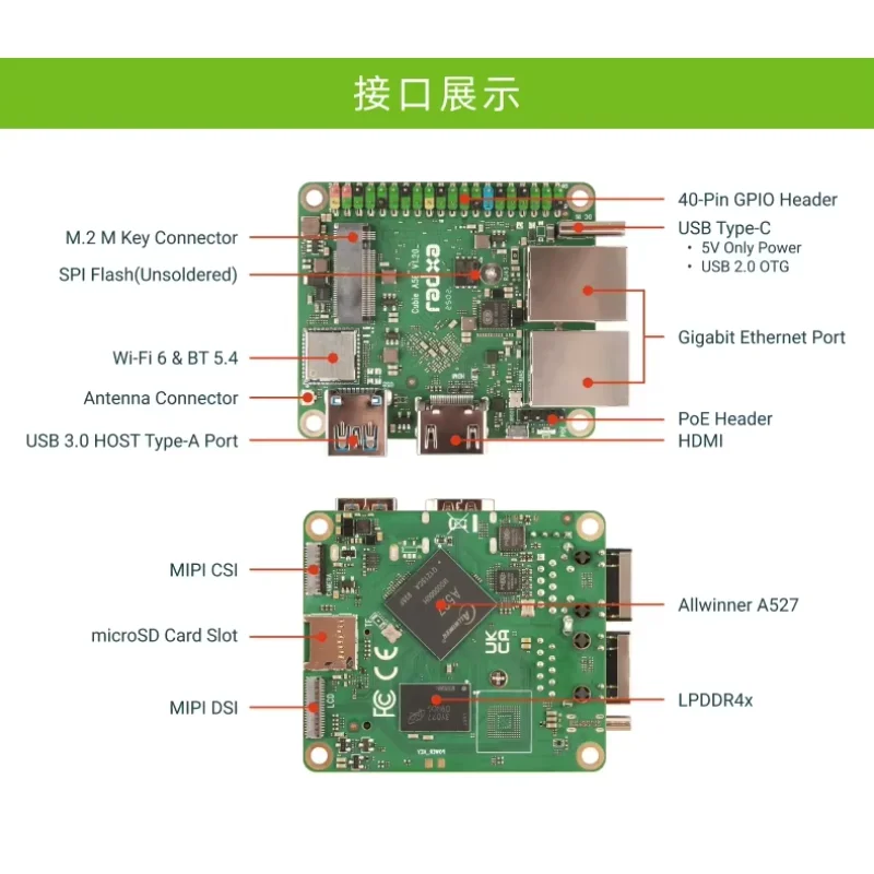 Radxa Cubie A5E A527 / T527 8-rdzeniowy procesor Podwójny gigabitowy port sieciowy Płyta klasy przemysłowej Nowość