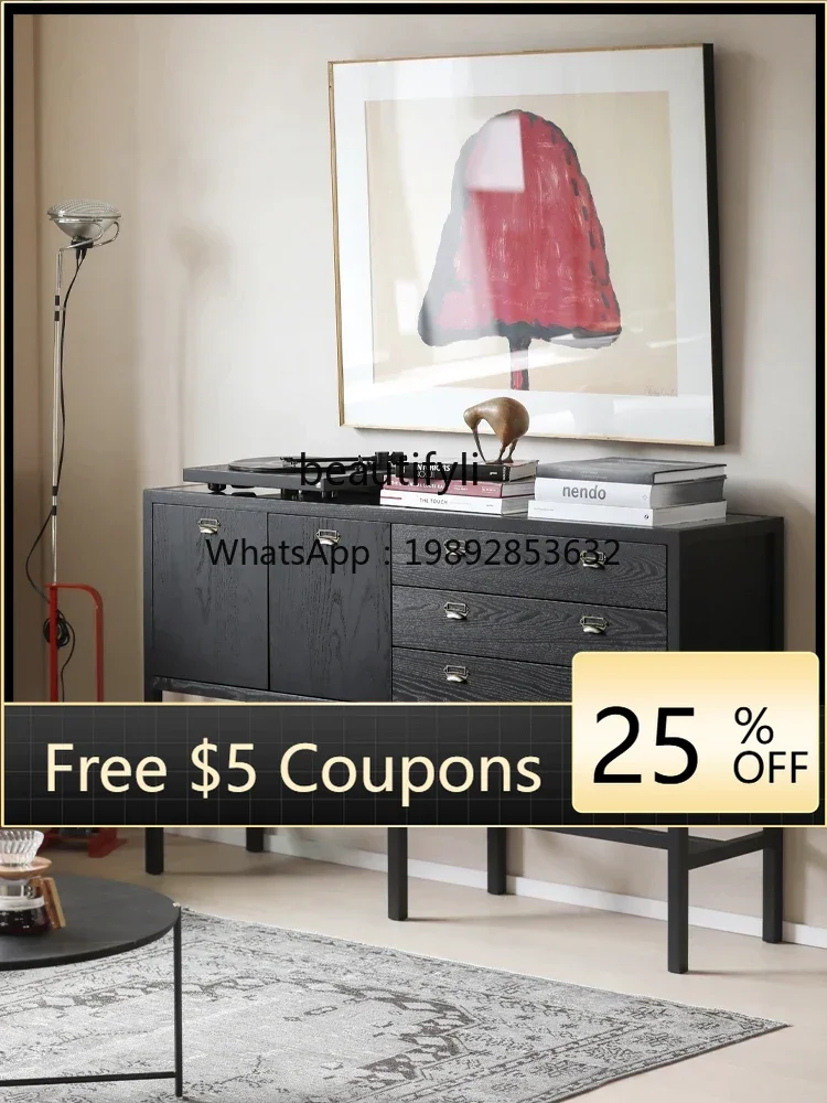 

FF Modern Minimalist Nordic Style Designer Model Three-Drawer Double Door Side Cabinet Black Cabinet Living Room