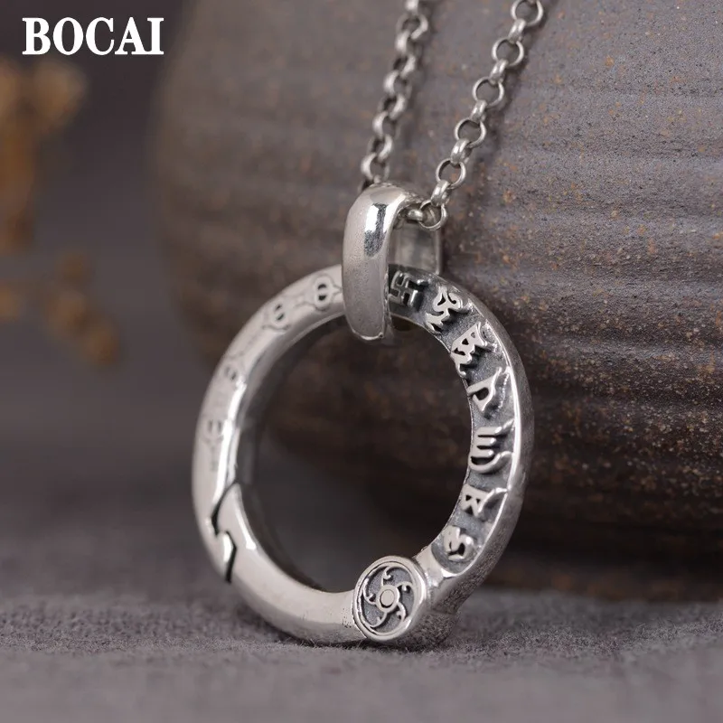 BOCAI New 100% Pure S925 Silver Man and Woman Pendant Retro Simplicity Buckle Jewelry Accessories Six-character Mantra Keychain