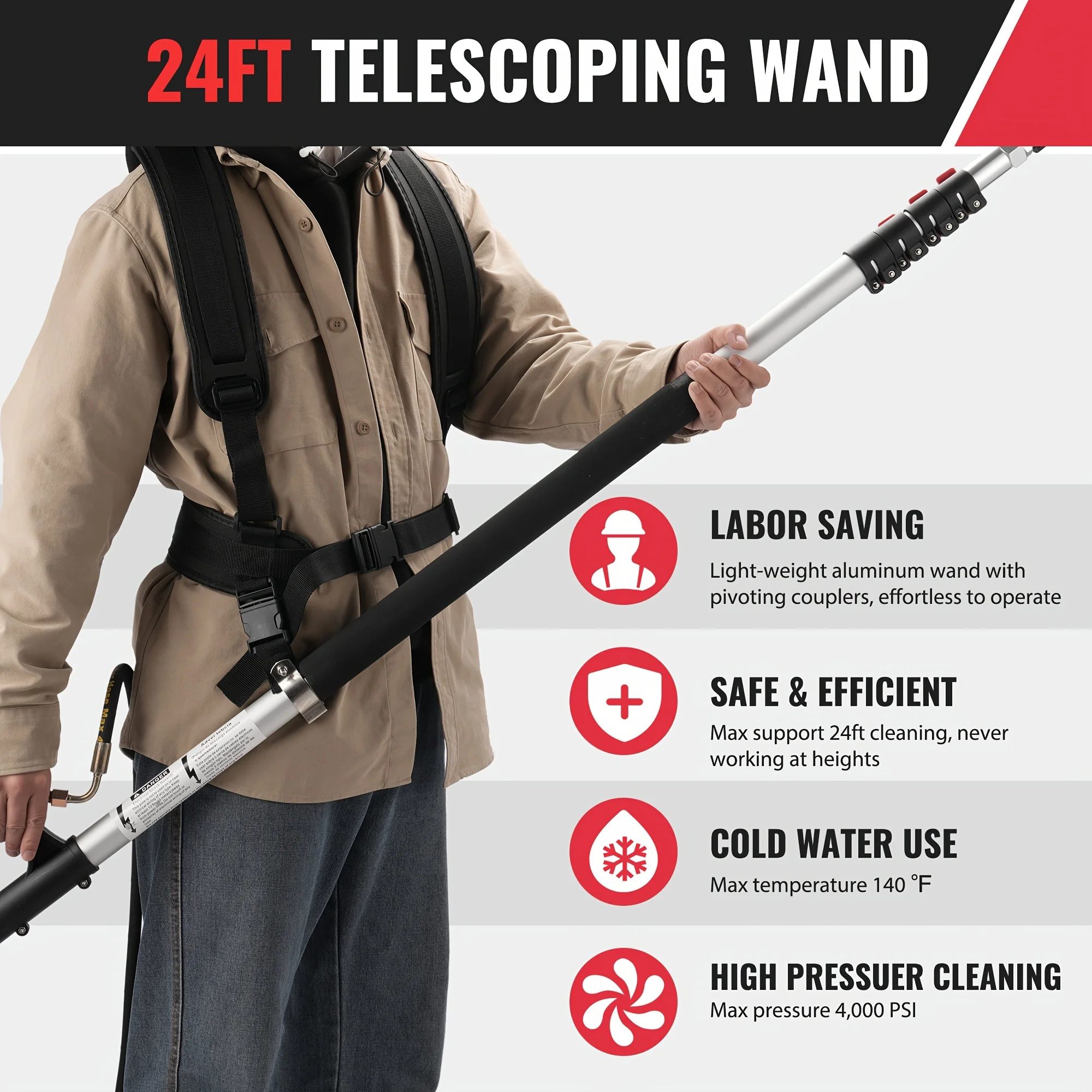 1 Piece Rengue 24ft Telescopic Pressure Washer Extension Pole, 5-Stage Power Washer with 3 Nozzles, 7 Spray Patterns