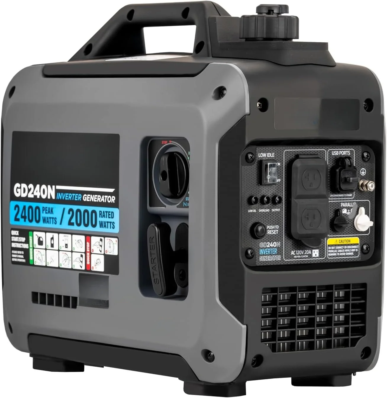 

2,400W Portable Gas-Powered Quiet Inverter Generator With USB Outlet & Parallel Capability, GD240N