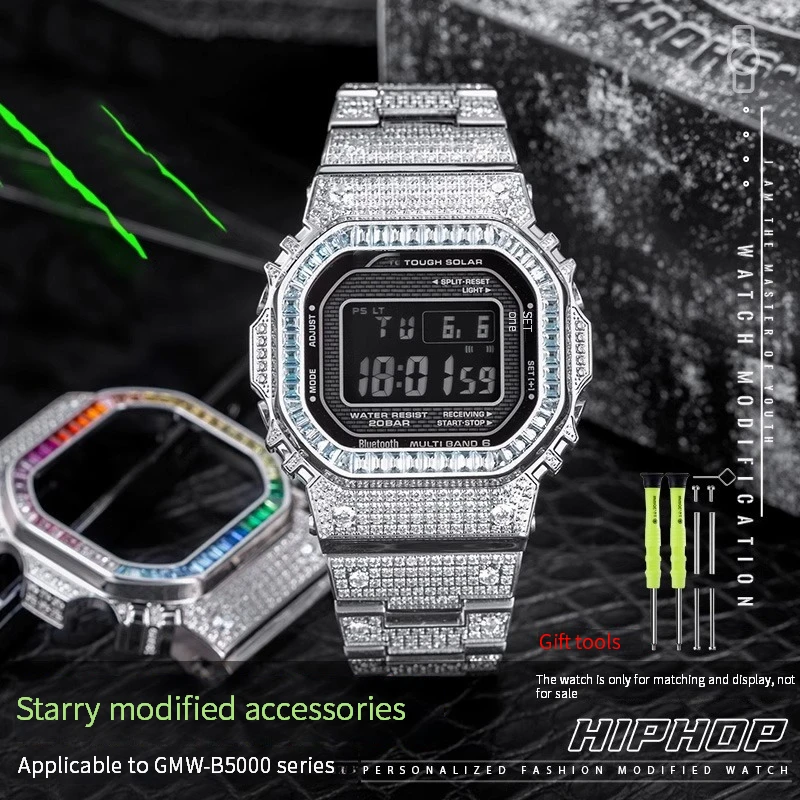 GMW-B5000 Diamond Inlaid Strap Bezel For Casio GMW-B5000 Series Metal Case + Band Solid Stainless Steel Bracelet With Tools