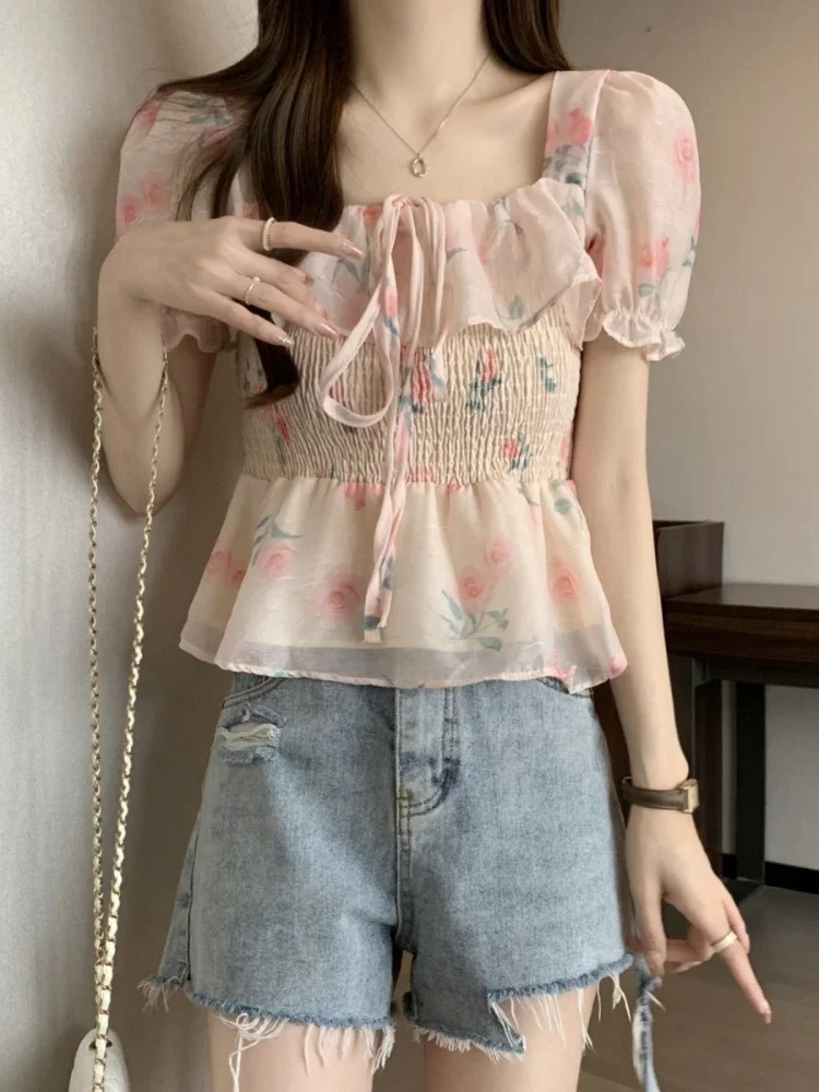 Fashion Sweet Blouses Squard Collar Puff Sleeve Ruffles Pleated Lace Up Shirts Summer Crop Tops Female Slim 2024 Women Clothing