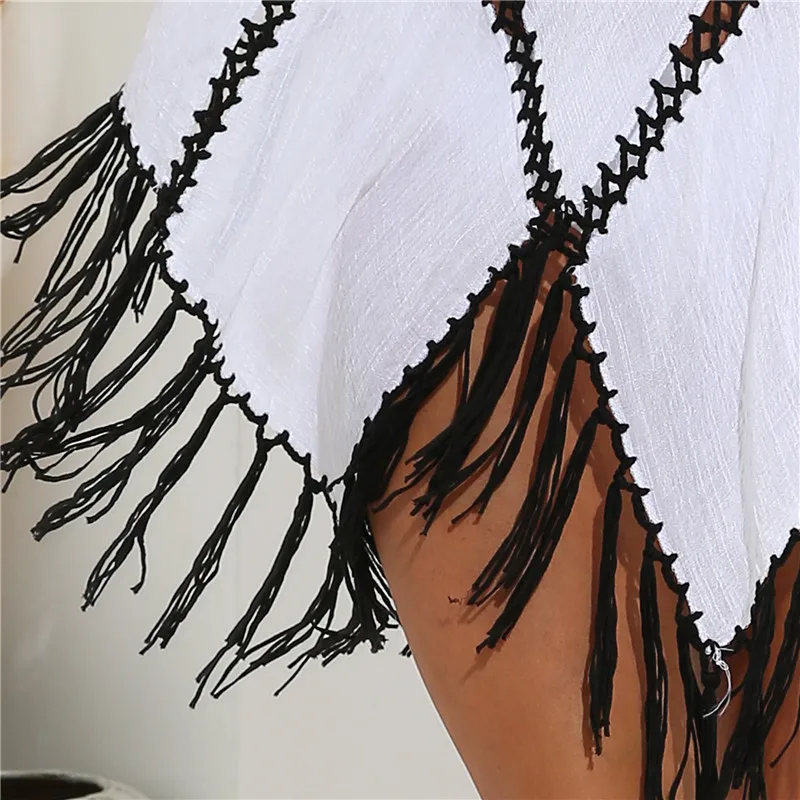 Beach Cover Ups For Women Fringe Tunic 2023 Capes Swim Cover Up White Black Tunics Woman Summer Dress Women\'s Swimwear Cover-ups