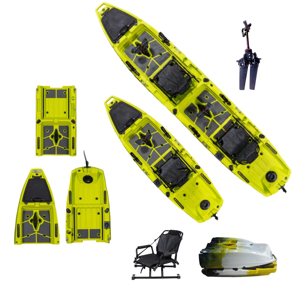 

3-Section 2-person modular kayak with pedal drive or motor for fishing