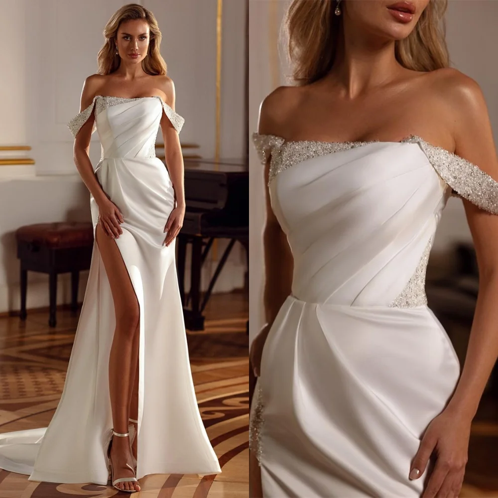 

Customized White Satin Wedding Dress Elegant Strapless Off the Shoulder Short Sleeves Bridal Gowns Chapel Train Backless Dresses