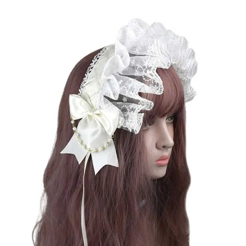 Sweet Lolita Bowknot Maid Headdress Ruffled Lace Headpiece Japanese Style Headband For Women Maid Headdress Dress Accessories