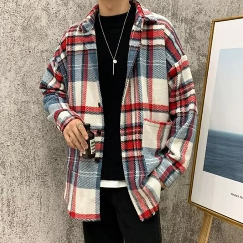 

Мужское фланелевое пальто в клетку, длинное, свободного кроя, осенне-весеннее, в корейском стиле, модное, повседневное, винтажное, для ленивых, верхняя одежда
