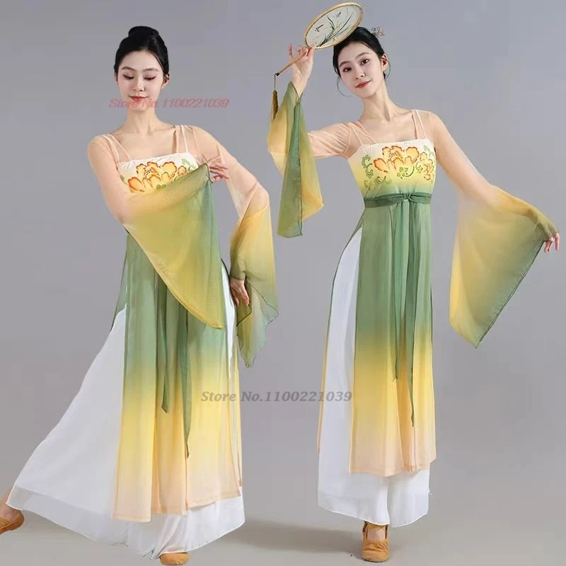 

2025 chinese vintage dance costume national flower print gradient color dress+pants set traditional stage performance folk dress
