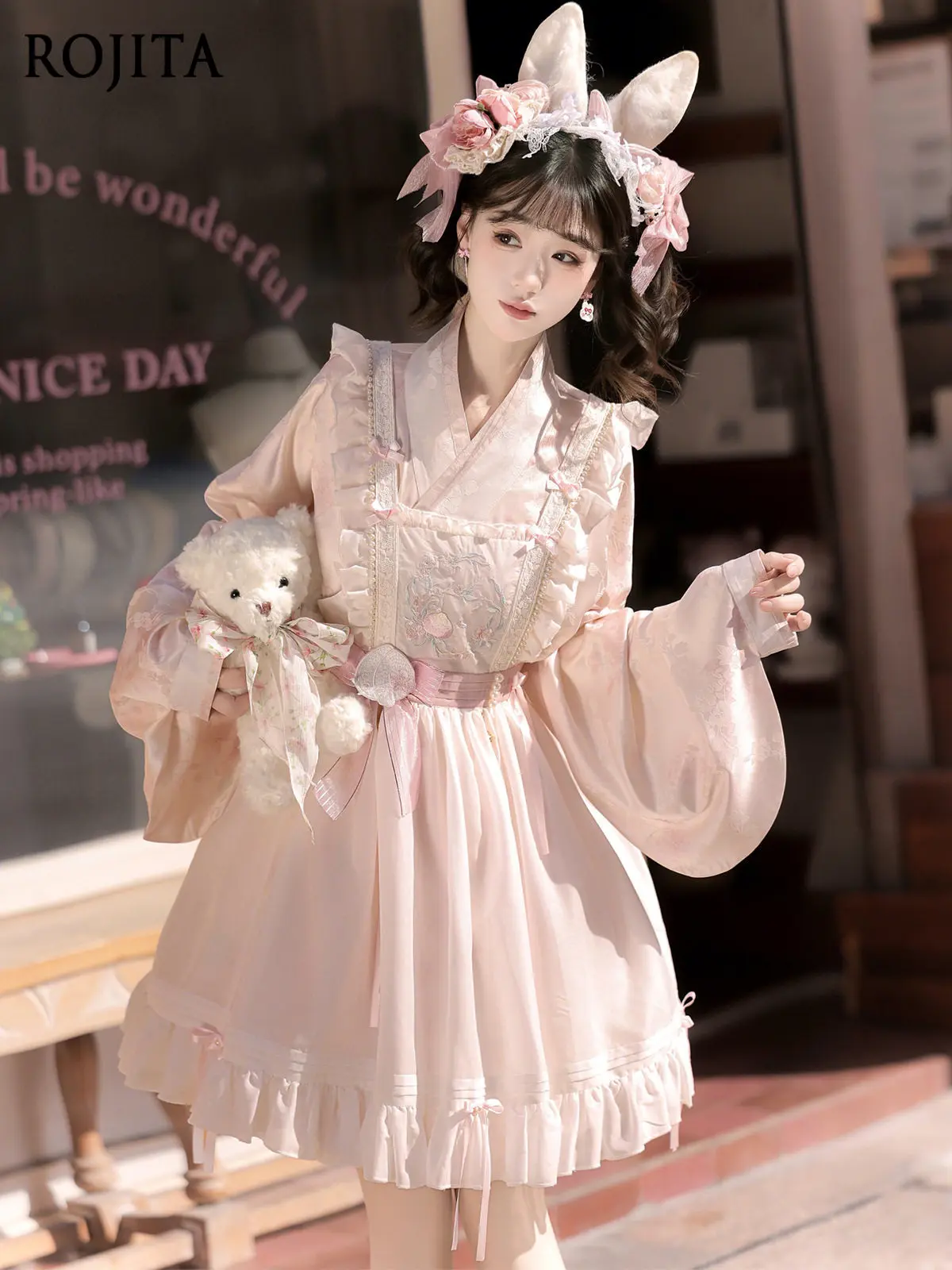 Sweet Lolita 3 Piece Dress Set Kimono Wide Sleeve Inner Dress Floral Embroidered Pinafore Overdress Elastic Slip Dress