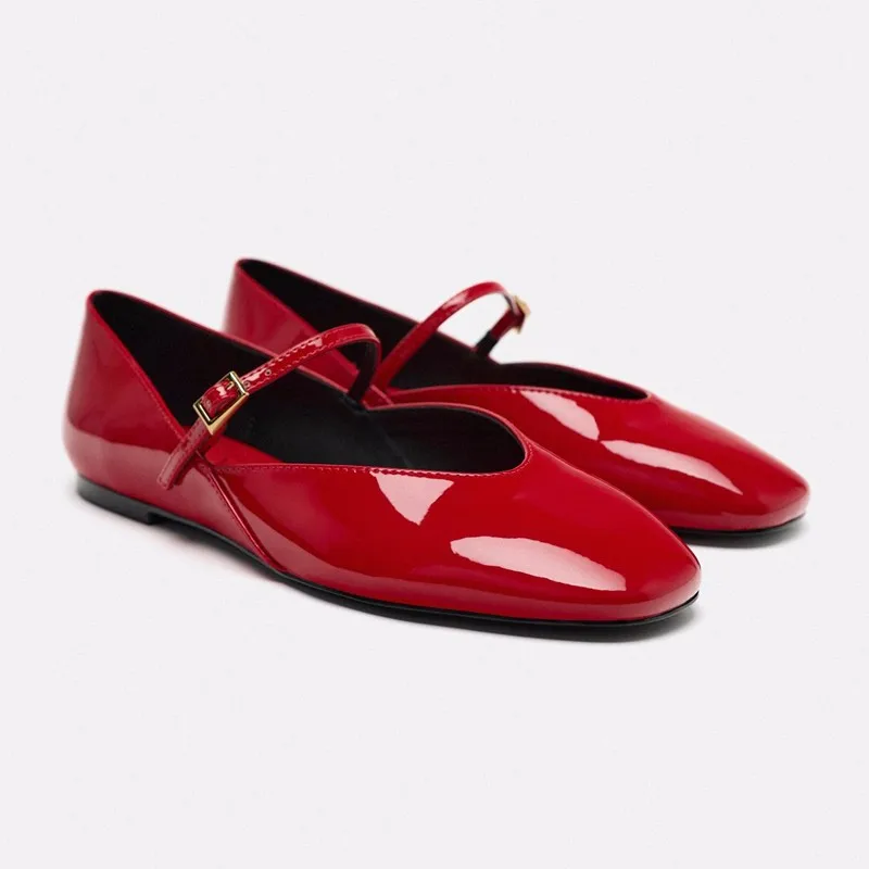 2024 Summer Simplicity Fashion Red Patent Leather Mary Jane Flat Shoes Buckle Round Toe Flat Bottom Ballet Shoes Loafers Women