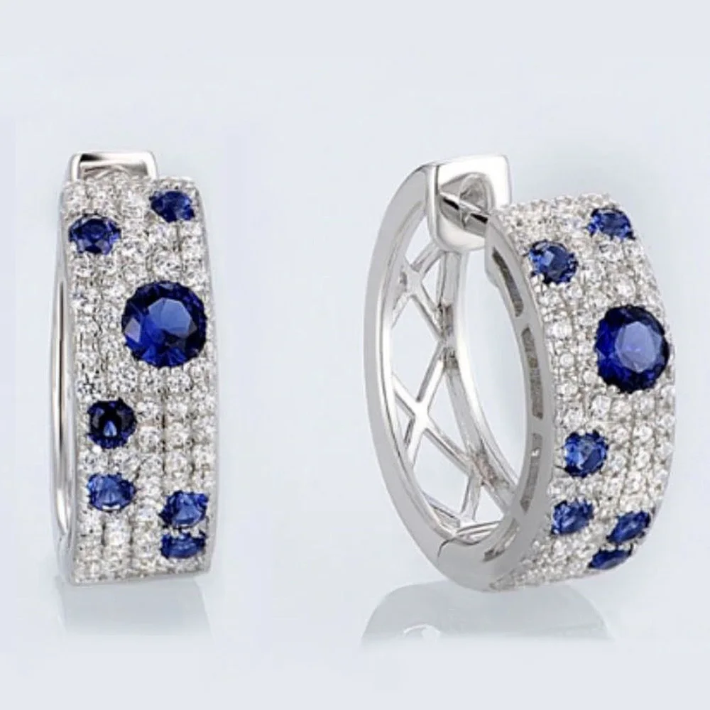 Huitan New Fashion Silver Color Small Hoop Earrings for Women Full Paved CZ Stone Versatile Blue Circle Earrings Female Jewelry