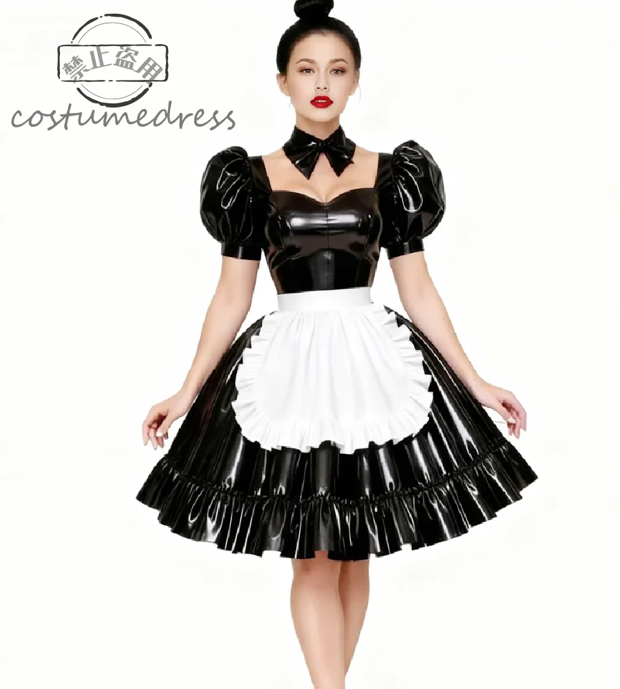 

Latex Black Glossy Pvc Evening Dress 2026 Halloween Costume Gothic Maid Dress With Apron A Line Puff Sleeve Mini Prom Dress