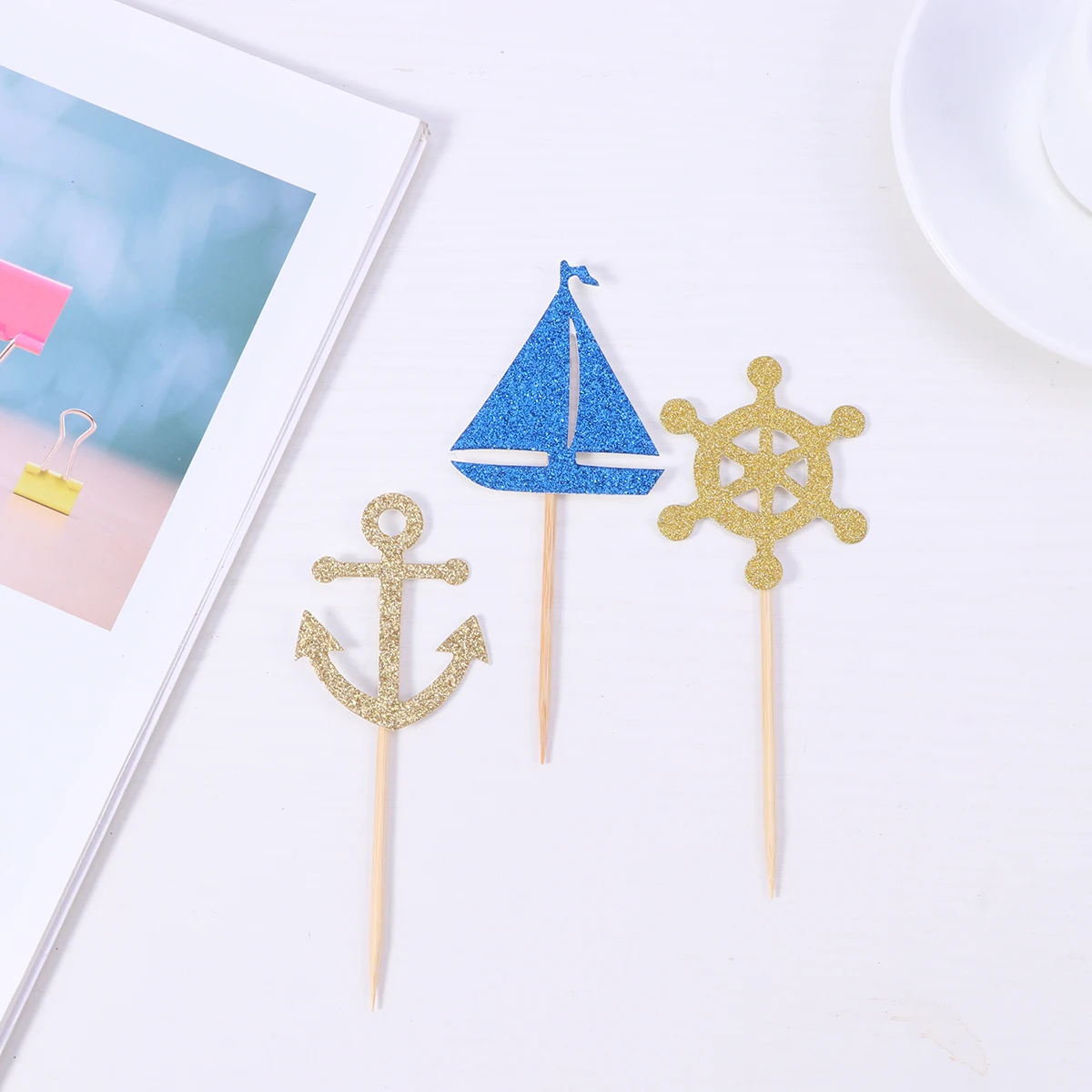 

24pcs Sailing Boat Nautical Cake Toppers Party Supplies Reusable Wooden Cake Toppers Decor for Wedding Birthday