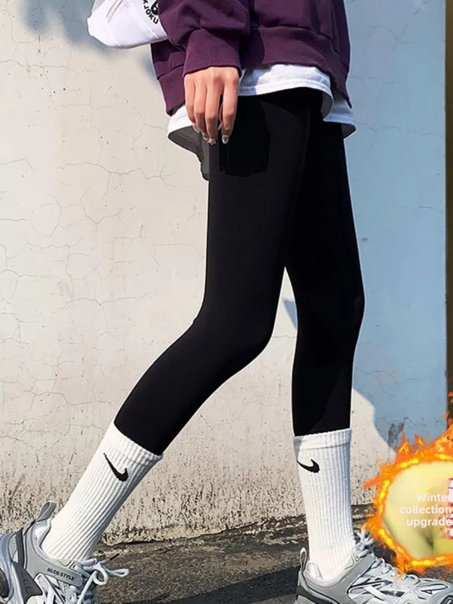 

High Waist Thiened Fce ark Skin Leggings Women's Outdoor Autumn Winter Liquid Pants Yoga Pants Nine Point Pants