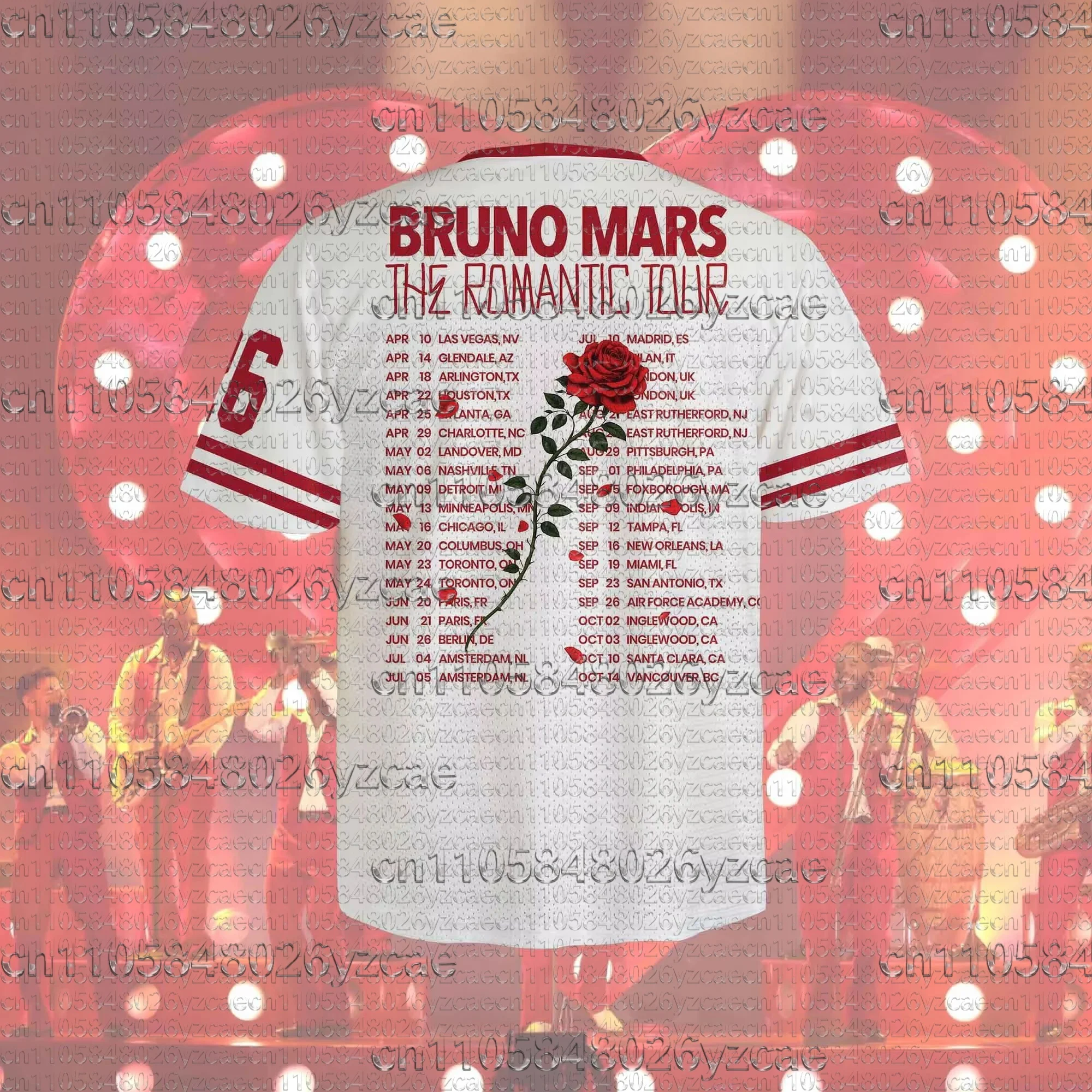 Bruno Mars The Romantic Tour 2026 Nummeriertes Fußballtrikot mit Vintage-Rose-Grafik, Kurzarm-Retro-Konzert-Oberteil für Erwachsene – Detail 5