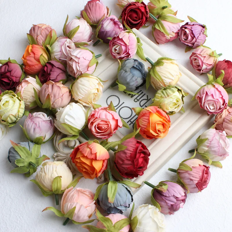 

50pc 4cm 15Colors Artificial Silk Tea Rose Bud Flower Heads For DIY Wedding Bouquet Wall Event Party Garland headware Decorative