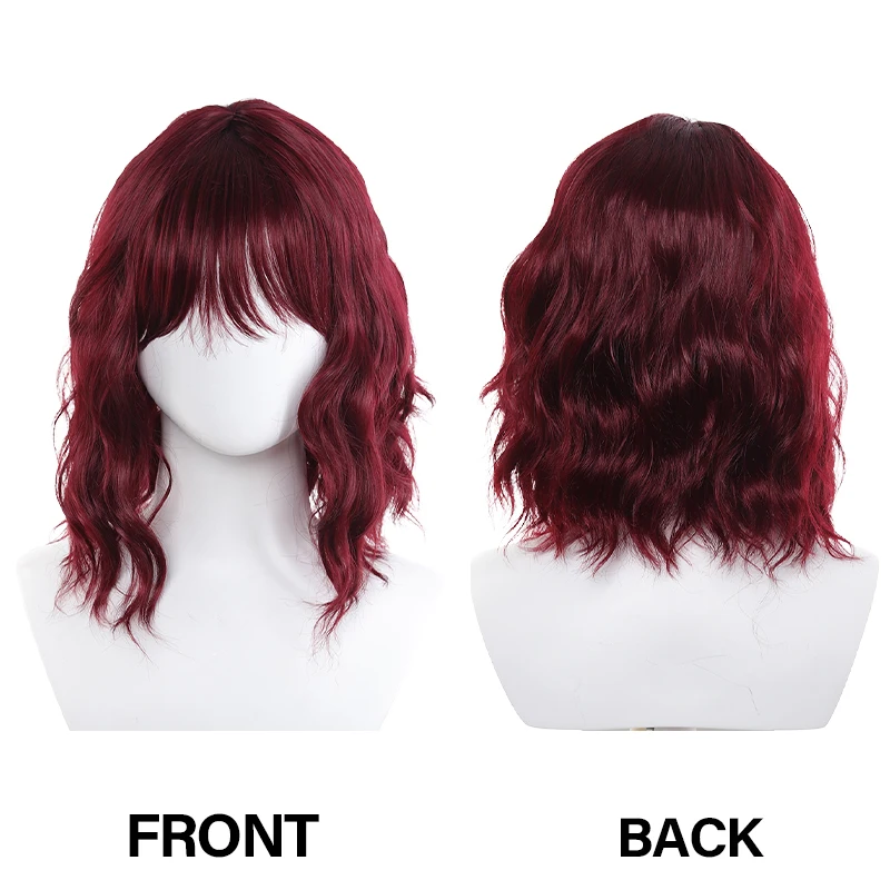 Peruca Sintética Curta Ondulada Borgonha, Peruca Bob Cacheada Volumosa com Franja para Mulheres, Extensão de Cabelo de Fibra Resistente ao Calor