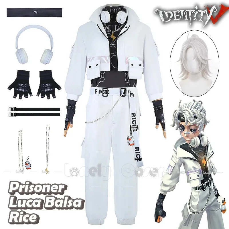 2025 22 لعبة الهوية الخامس سجين لوكا البلسا الأرز تأثيري حلي الفضة والأبيض الملابس عقال شعر مستعار مجموعة كاملة هالوين