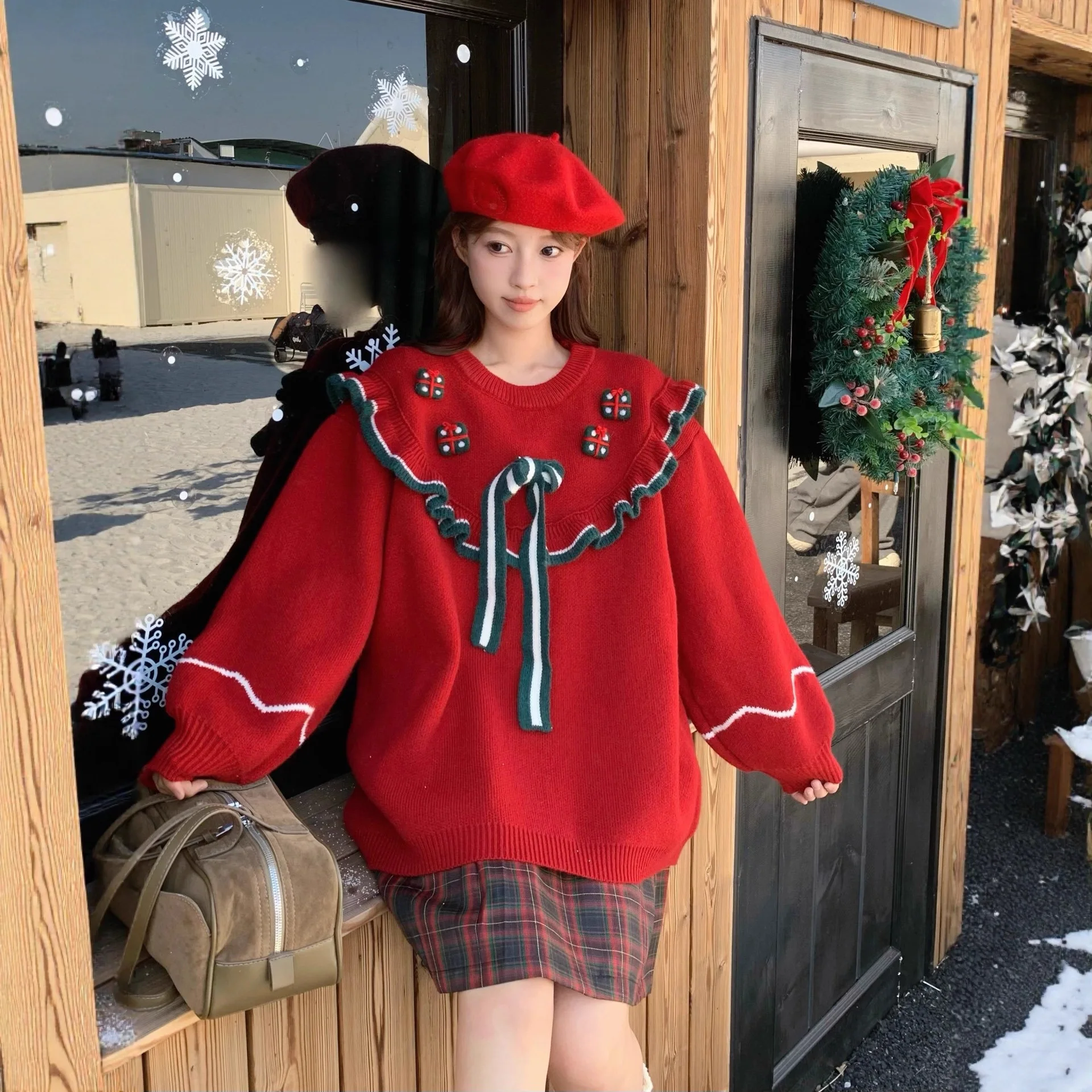 

Atmospheric Sweater Autumn Winter Retro Chic Bow Brooch Lace Red Pullover Christmas Sweater for Women Oversized Sweater