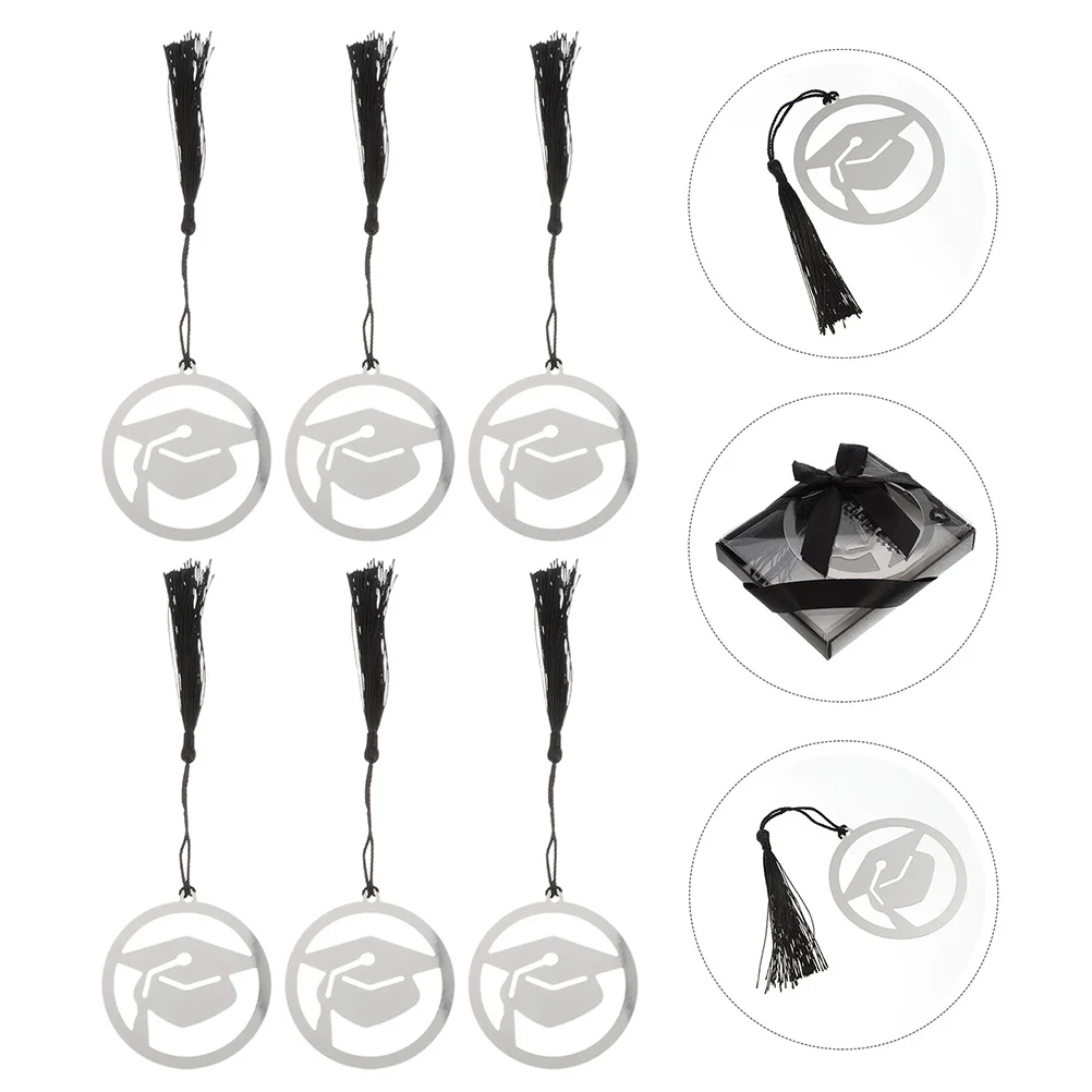 6Pcs Stainless Steel Graduation Bookmarks Tassel Decorative Page-Markers Student Reading Lightweight Book Markers