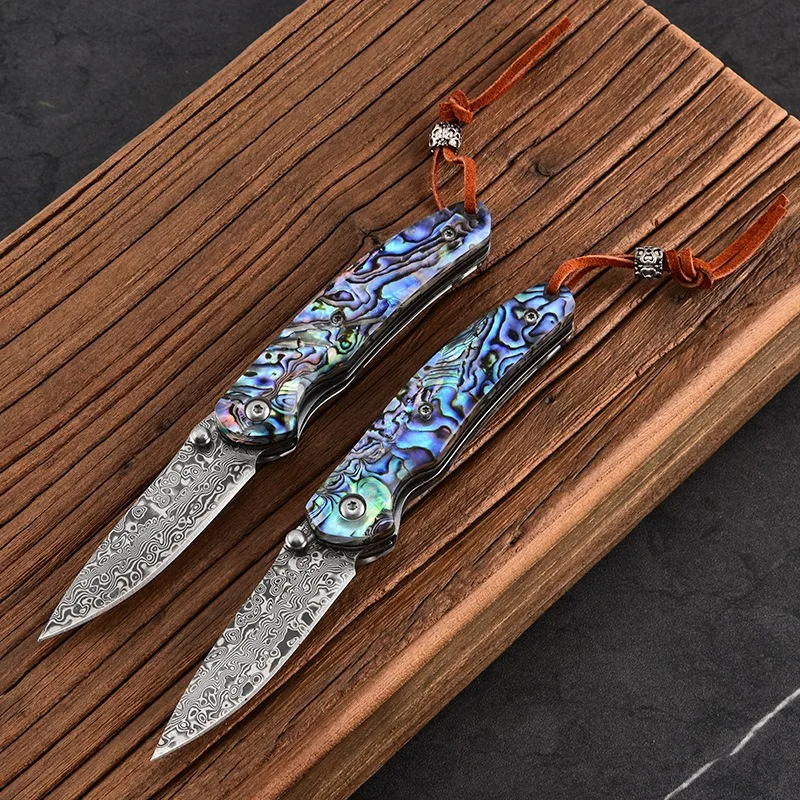 Damascus steel color shell folding knife Outdoor knife mini folding knife portable camping self-defense knife fruit knife