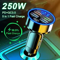 5 Ports Fast Charge PD QC3.0 USB C 250W LED Car Charger Car Phone Charger Type C Adapter in Car For iphone Samsung Huawei Xiaomi