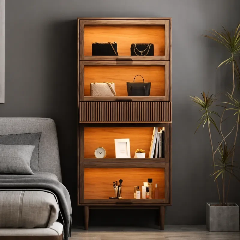 Modern Simple Black Walnut Bookcase Solid Wood Display Cabinet with Glass Sliding Door for Living Room Wall Storage