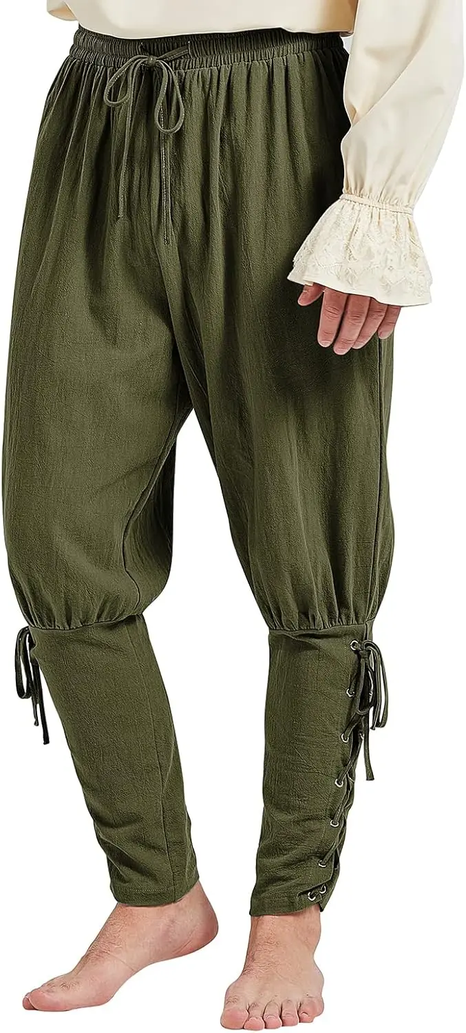 Men’s Pirate Pants Ankle Banded Renaissance Pant Medieval Viking Navigator Pants Halloween Costume Cosplay with Drawstrings