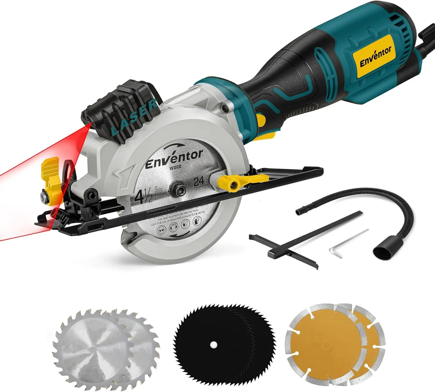 

5.8A Mini Circular Saw with Laser Guide, 6 Blades for Wood, Metal, Tile Cutting - 3500 RPM Power Tool