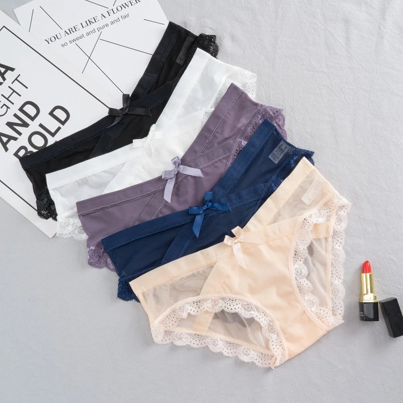 3pcs Women Mesh Lace Panties Low-rise Cross Front Bow Decor Soft Stretch Breathable Ladies Briefs Underwear