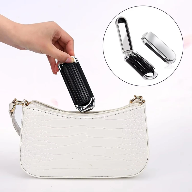 2-In-1 Portable Folding Comb & Mirror - Diamond Air Cushion, Rhinestone Bling, Compact Travel Hair Brush & Makeup Tool