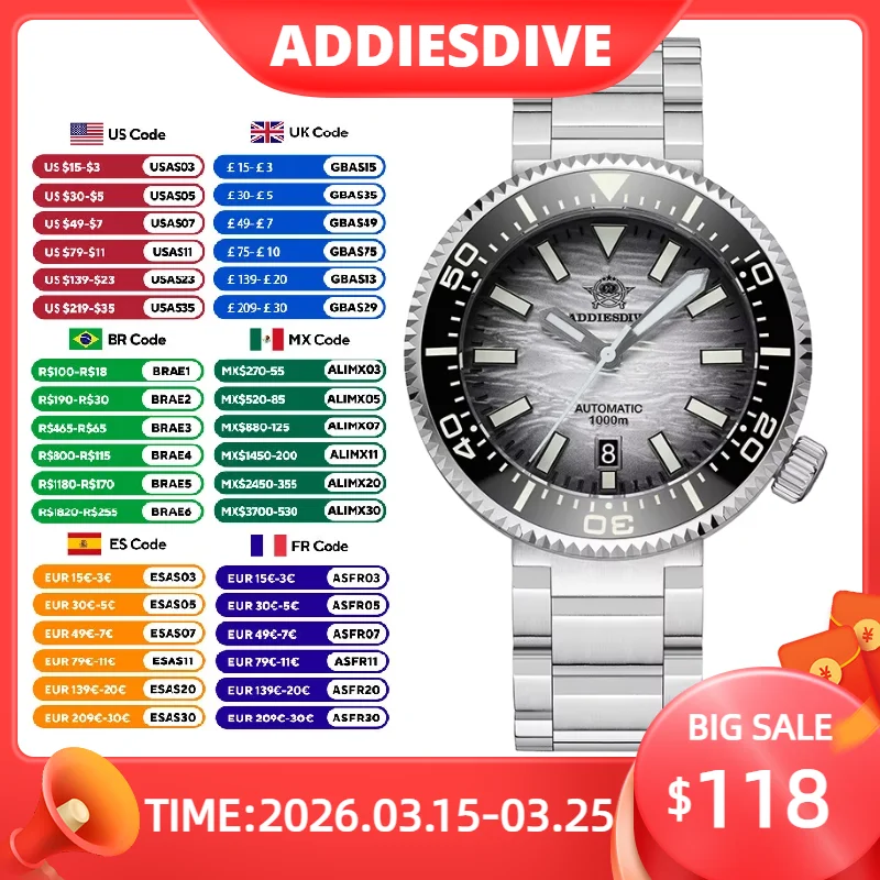 ADDIESDIVE Men's Automatic Mechanical Watch 1000M Water Resistant Hot Selling Sapphire Glass Watches For Man Luxury AD2069 Reloj