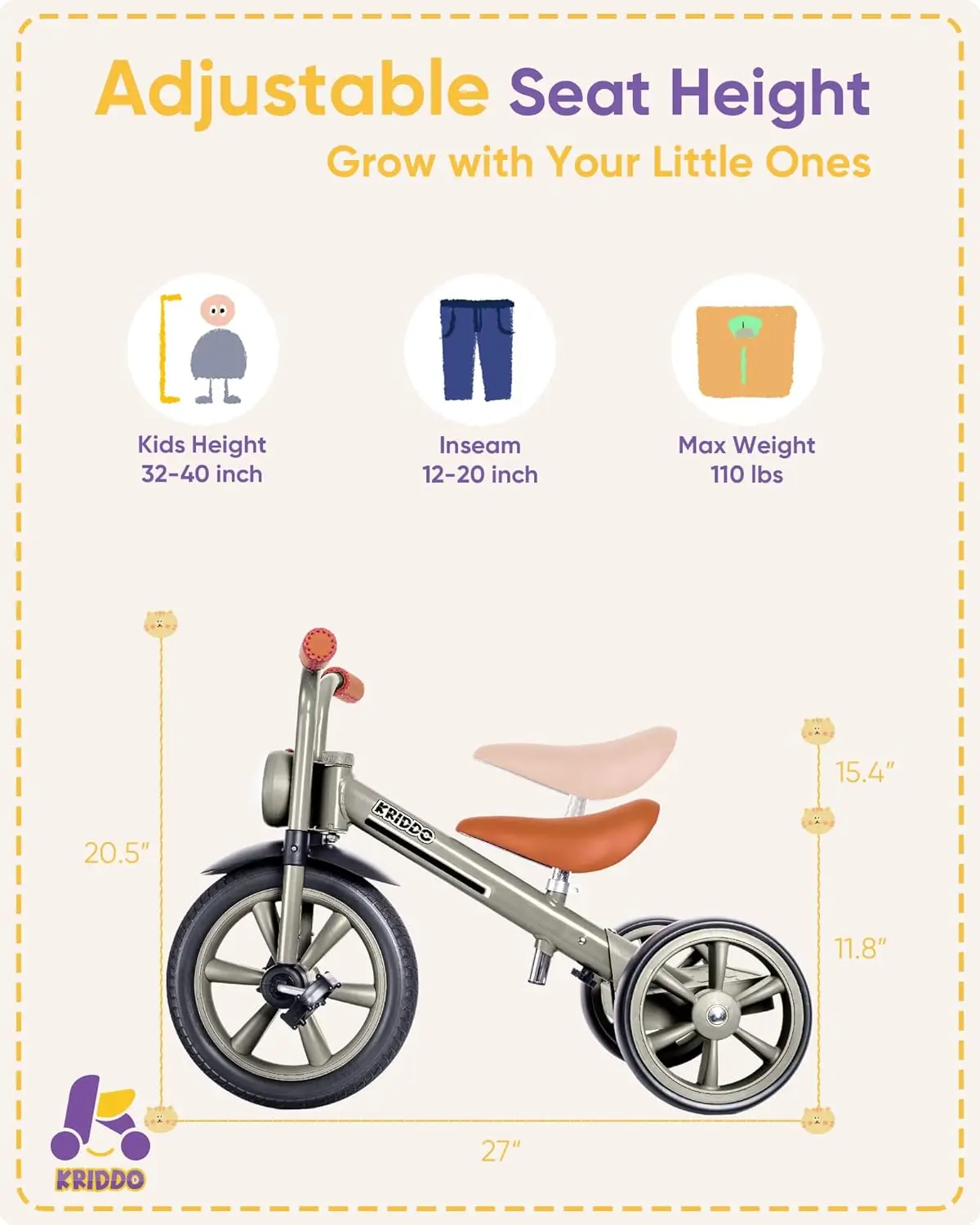 Kids Tricycles Age 2 Years to 5 Years, 12 Inch Puncture Free Rubber Wheel w Front Light, Kids Trike for 2.5 to 5 Year Old, Gift