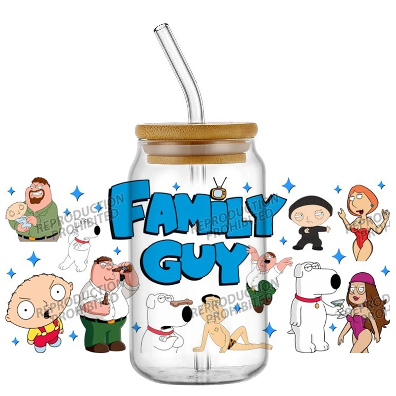 Popular Cartoon Cartoon Family Guy 16oz UV DTF 3D Transfer Sticker Decals For Glass Can Cup Fashion Craft DIY Creative