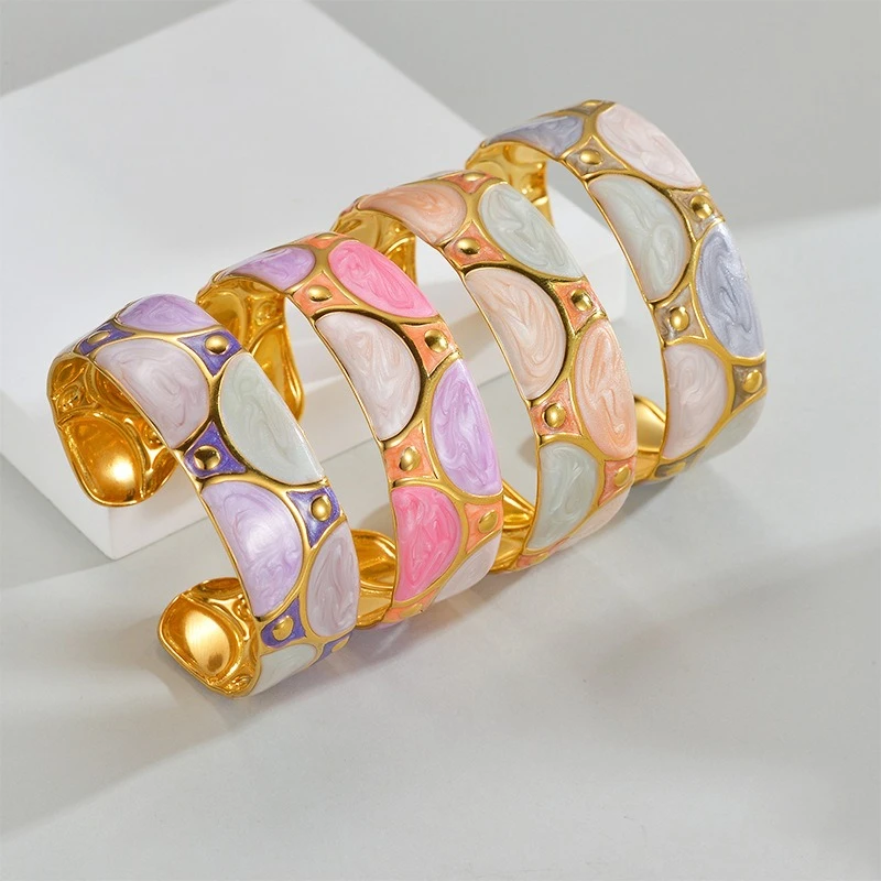 

Fashion Niche Design Dripping Oil Semi-circular Pattern Stainless Steel Summernew Open Mouth Bracelet