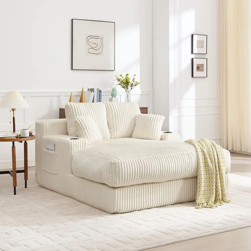 

60 Oversized Chaise Lounge Indoor, Cloud Chair Bed with 4 Pillows & Armrests, Corduroy Upholstered Sofa for Living Room or Bedro