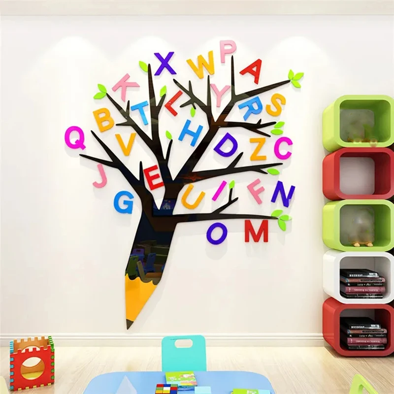 Cartoon Painting Alphabet Tree Wall Sticker Kindergarten Decoration Wall Stickers Home Living Room 3D Acrylic Wall Sticker