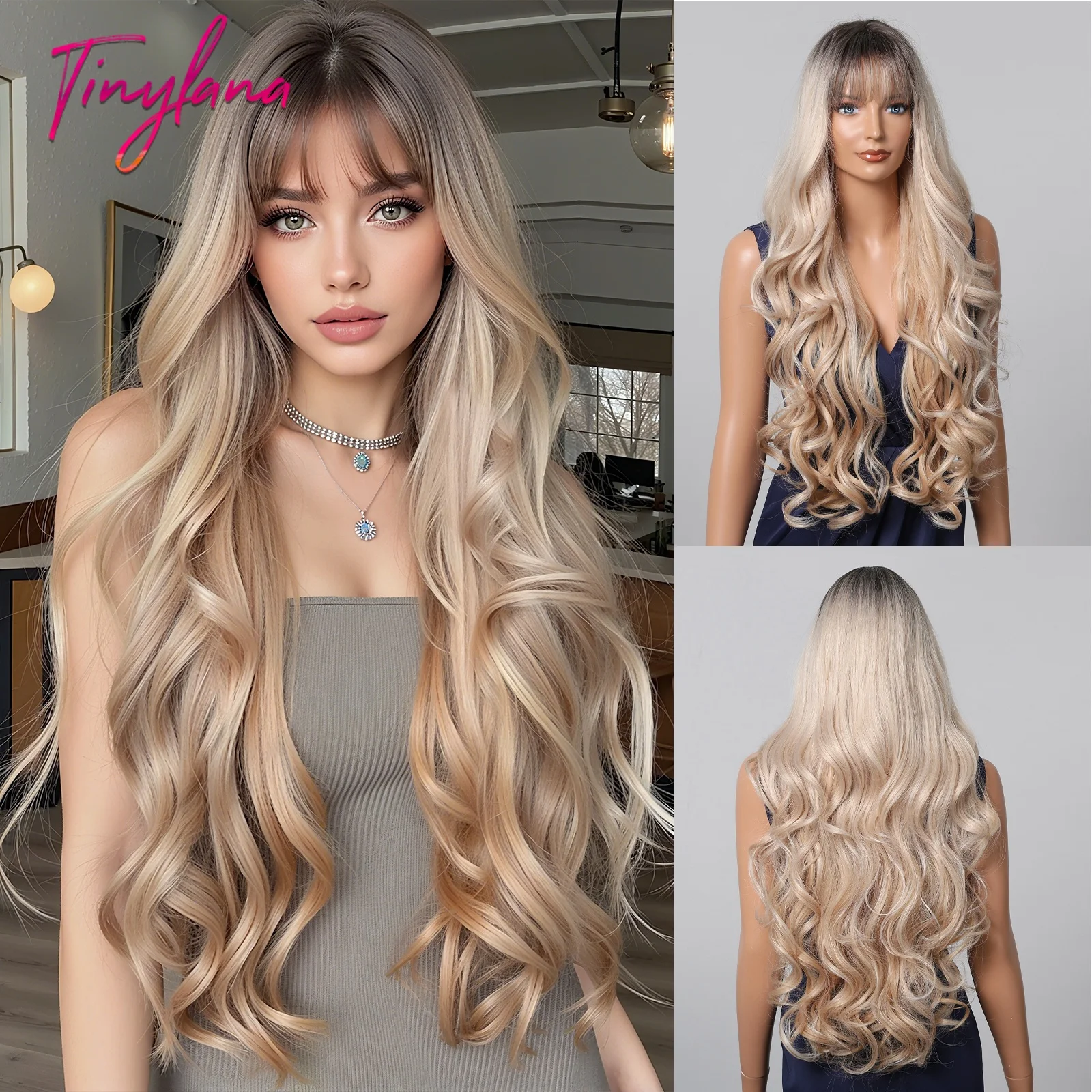 

Вьющиеся длинные золотисто-коричневые синтетические парики с эффектом омбре с слоями Лолита для косплея, градиентный волнистый термостойкий парик для женщин, натуральный повседневный