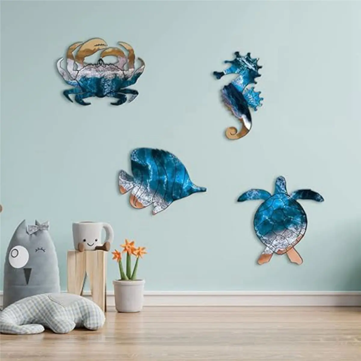 A56X 8X Wall Sculptures Metal Outdoor Wall Art Decor, Beach Pool Sea Decor Theme with Metal Sea Turtle Fish Crab Decor