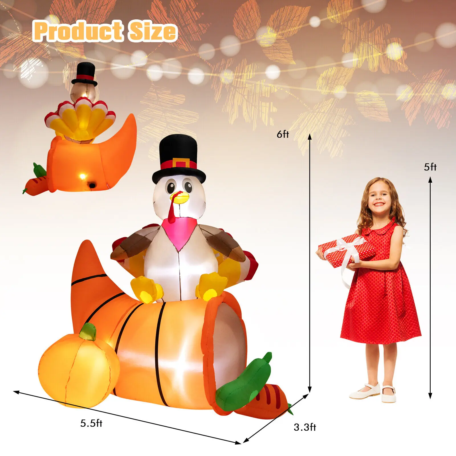 Costway 6 FT Thanksgiving Inflatable Turkey on Cornucopia Harvest Autumn Decor w/Light