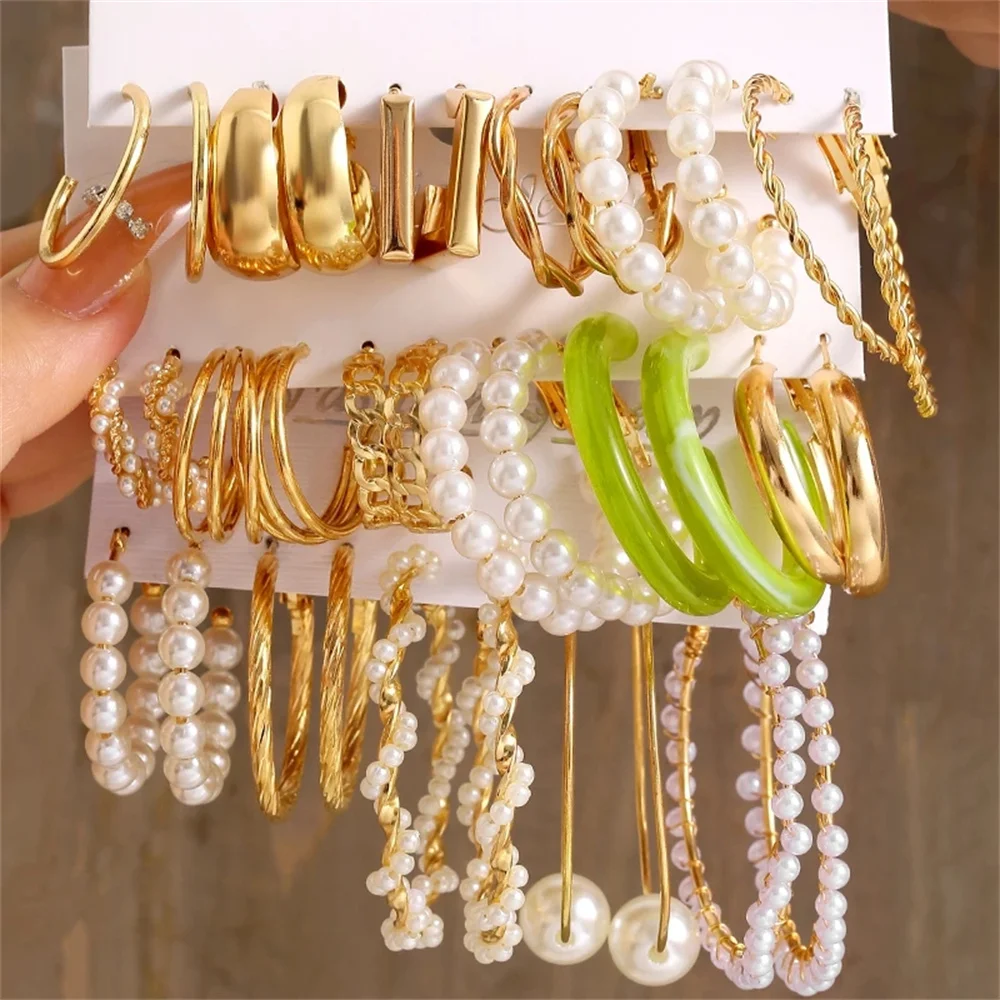 Fashion Big Gold Color Metal Pearl Earrings for Women Girls Geometric Statement Round Circle Hoop Earring Set Female Jewelry