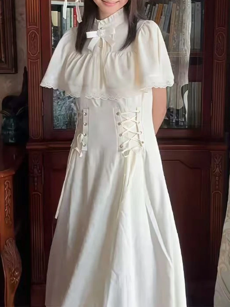 أزياء أنيقة القوس فستان طويل المرأة الصيف فرنسا الحلو الدانتيل يصل فساتين لوليتا الإناث تصميم جديد شيك كيب ريترو ملابس جميلة #3