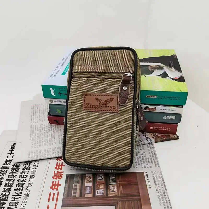 ベルトを着用する男性用の耐摩耗性キャンバスウエストバッグ、横型および縦型のウエスト掛け財布、屋外作業用ウエストバッグ